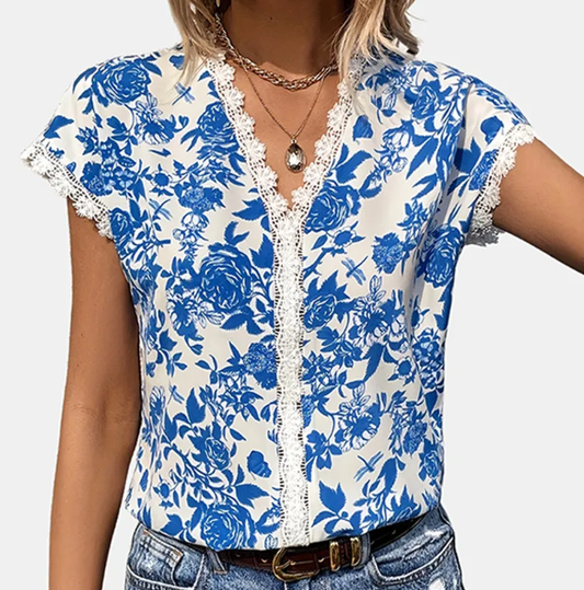 Blue and White Floral Top