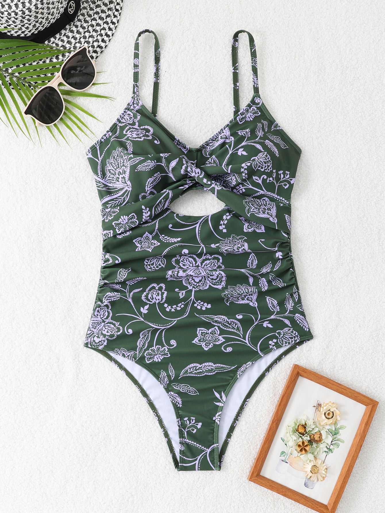 Green and White Cut-Out Swimsuit