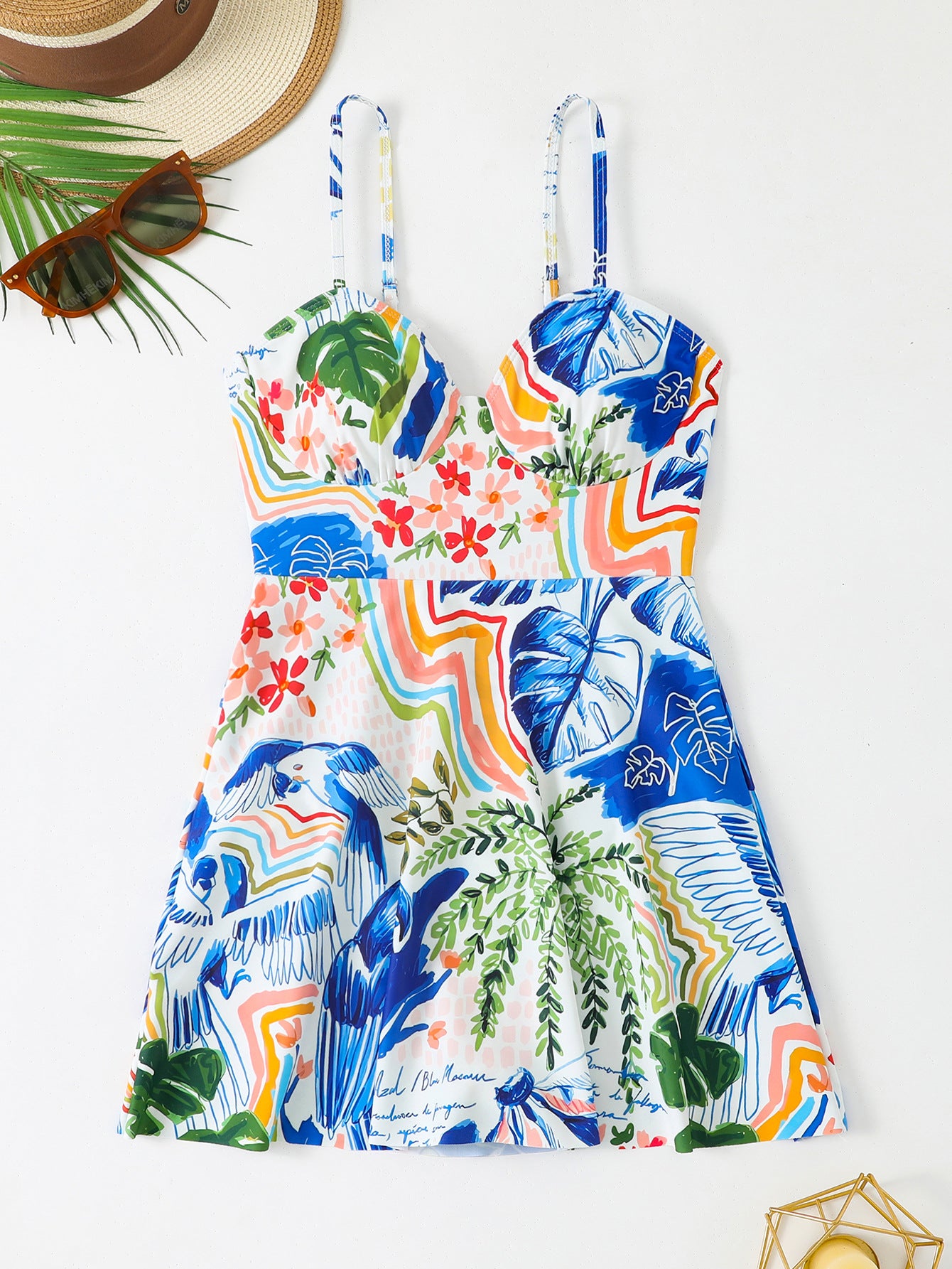 Blue and White Tropical Printed Swimsuit