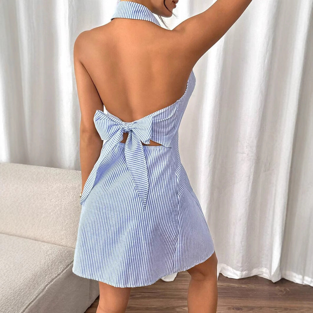 Blue and White Striped Halter Dress