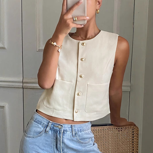 Cream Gold Button Pocket Vest