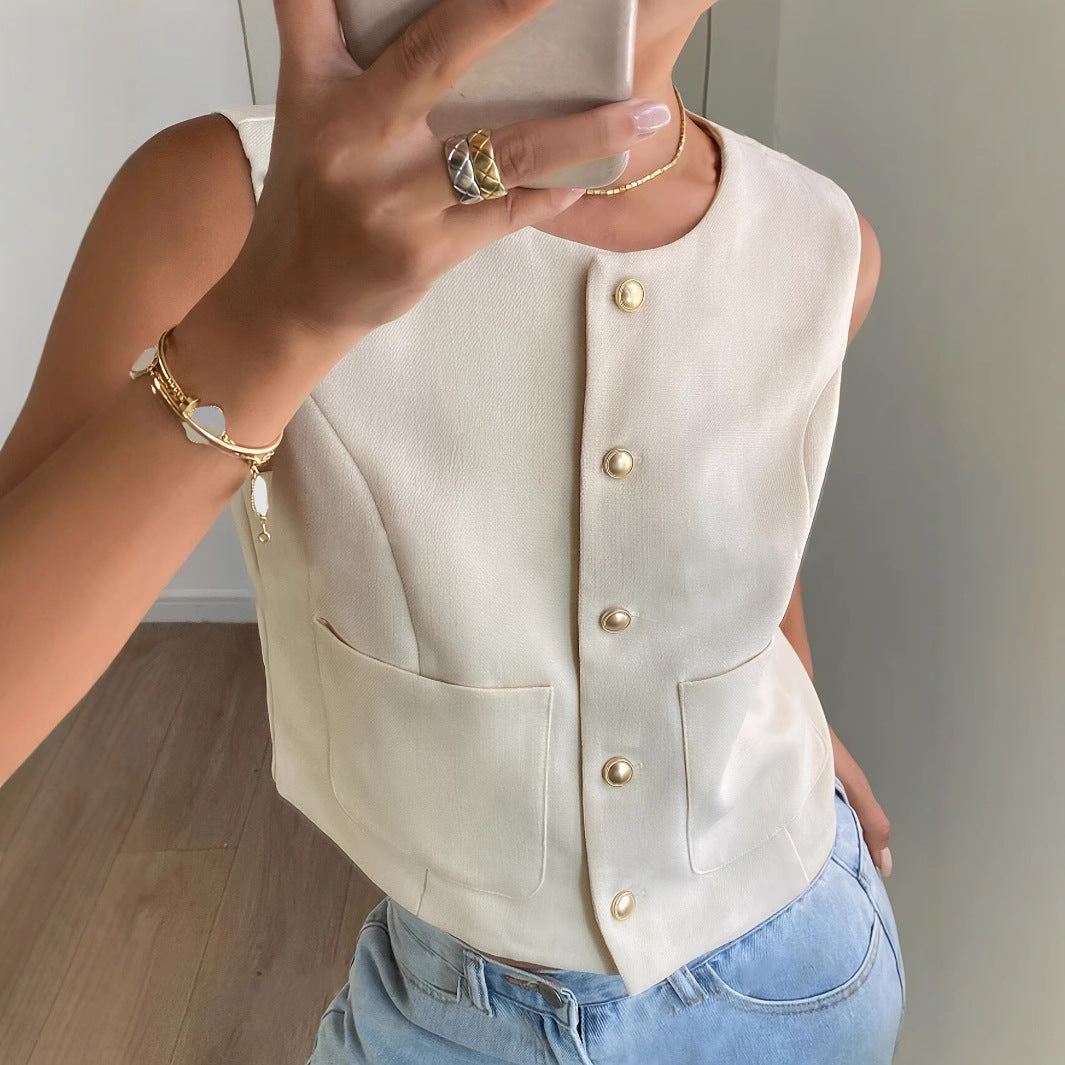Cream Gold Button Pocket Vest