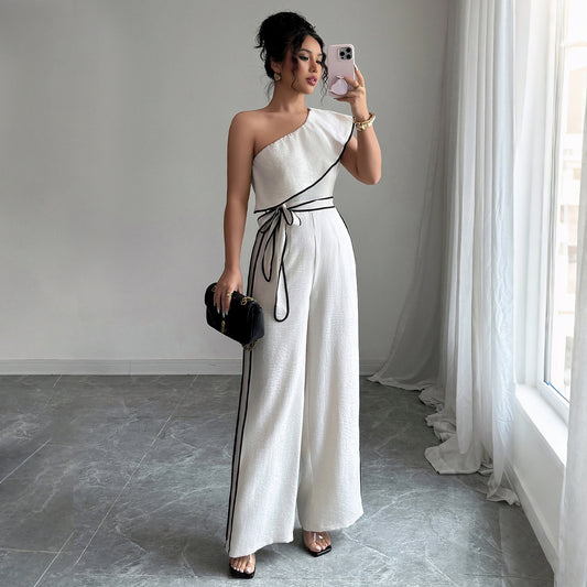 One Shoulder Contrast Trim Jumpsuit