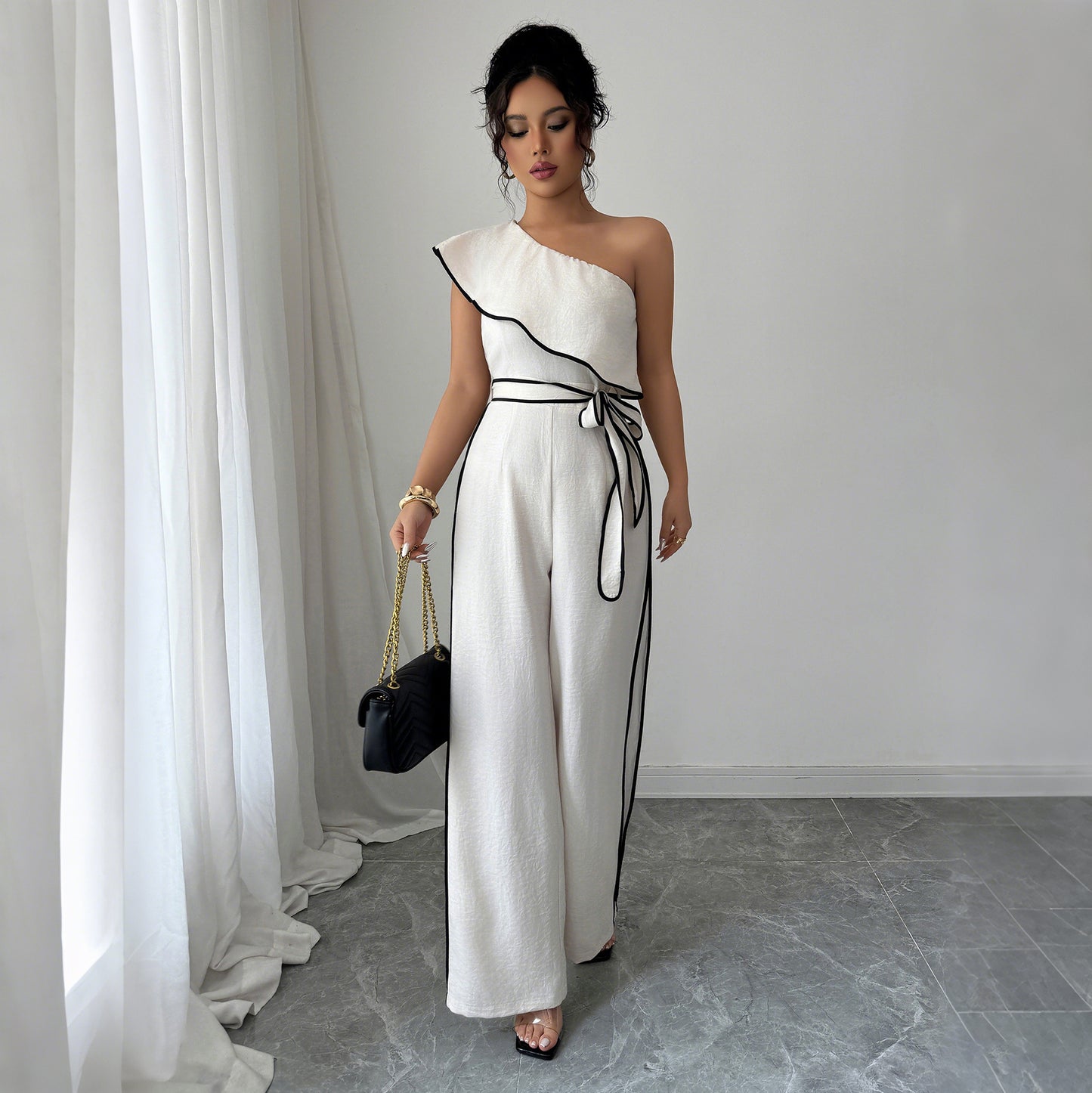 One Shoulder Contrast Trim Jumpsuit