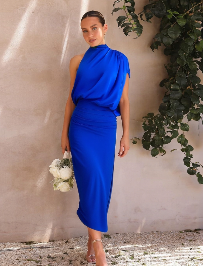 Cobalt Blue Draped Sleeve Midi Dress