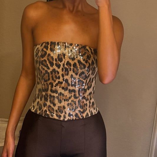 Strapless Sequin Leopard Print Top