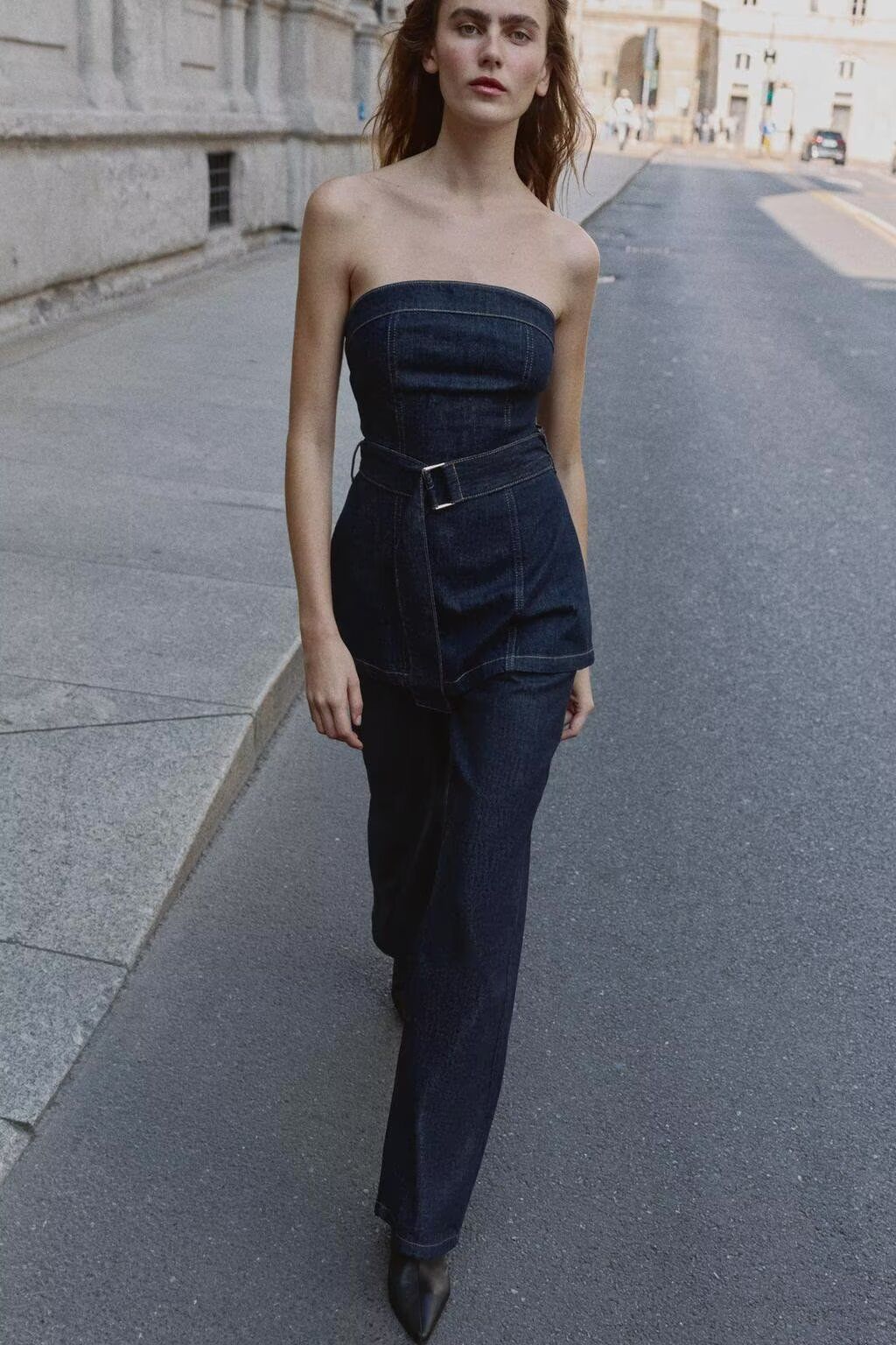 Dark Blue Strapless Denim Top