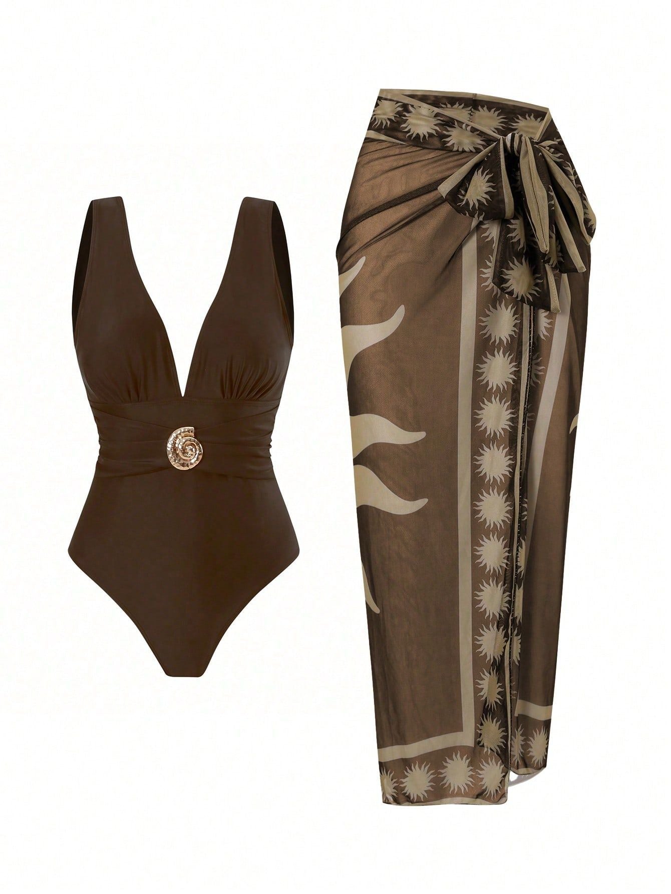 Ruched V Neck Swimsuit with Sun Print Cover-Up