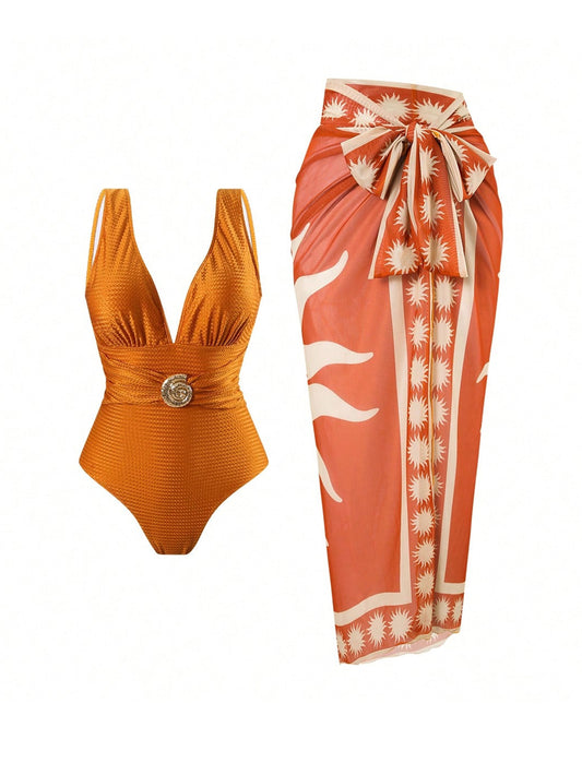 Ruched V Neck Swimsuit with Sun Print Cover-Up