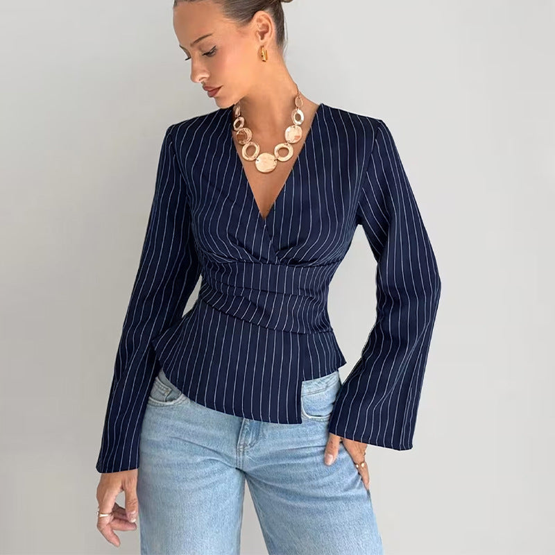Navy Blue Pinstripe Wrap Top