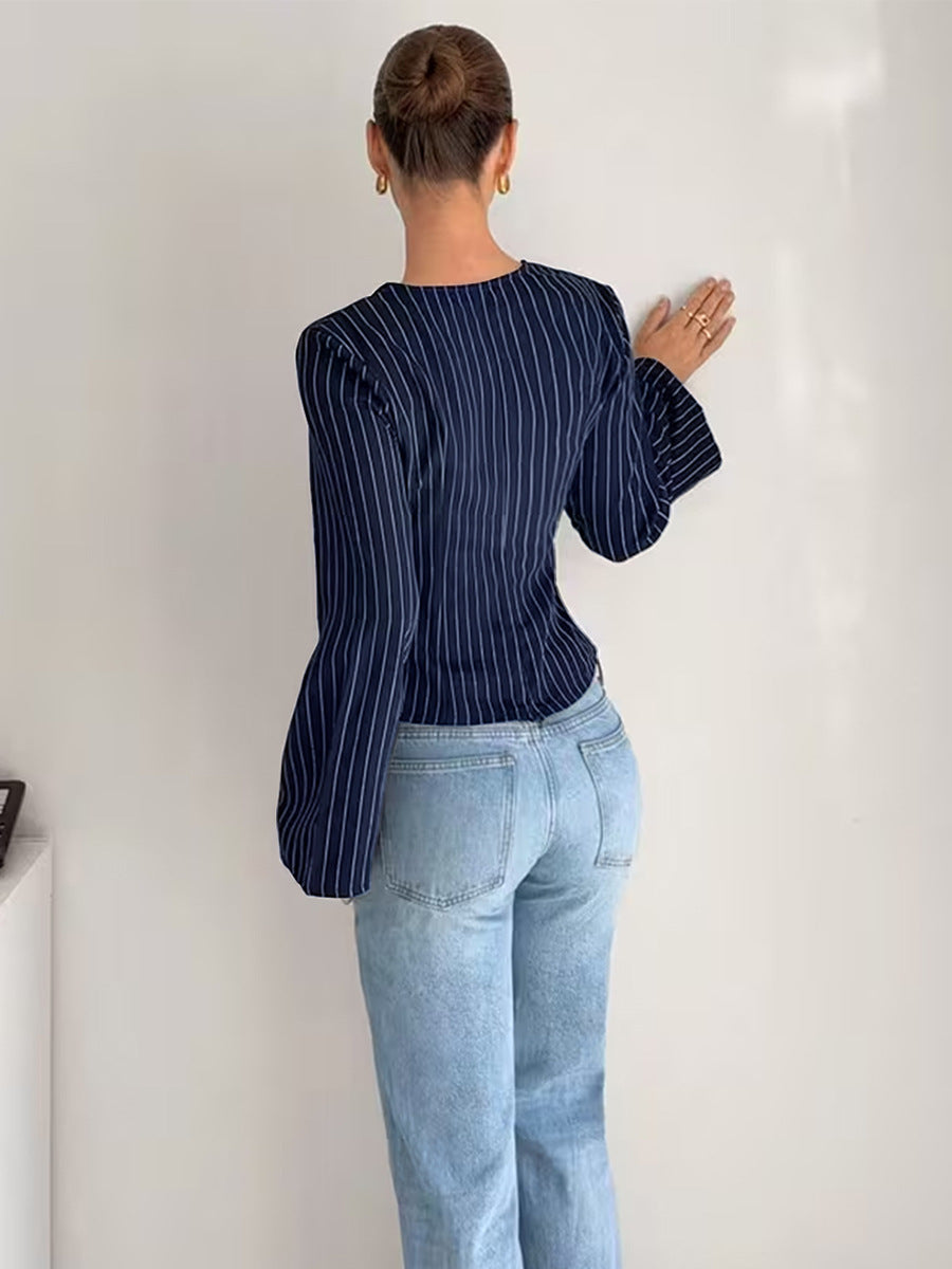 Navy Blue Pinstripe Wrap Top