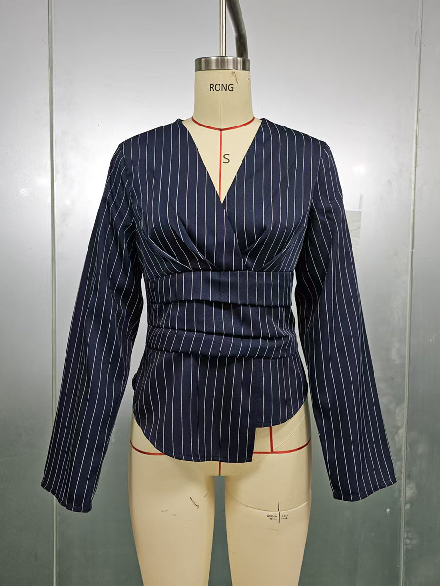 Navy Blue Pinstripe Wrap Top