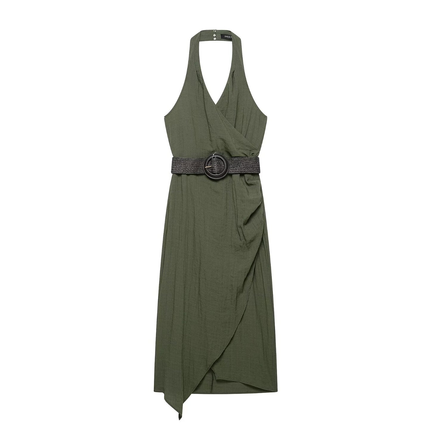 Olive Green Belted Halter Neck Dress