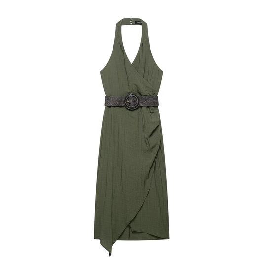 Olive Green Belted Halter Neck Dress