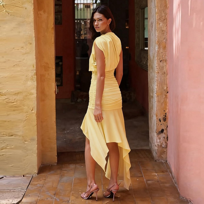 Butter Yellow Asymmetrical Draped Dress