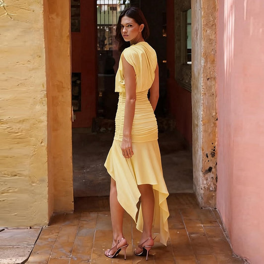 Butter Yellow Asymmetrical Draped Dress