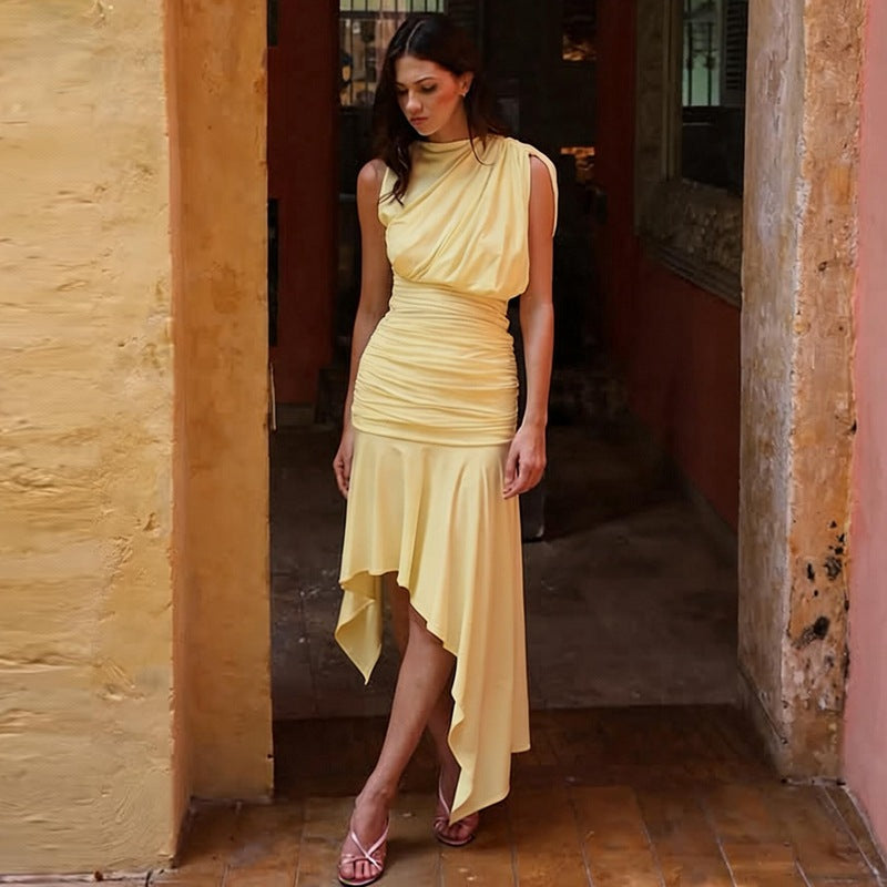 Butter Yellow Asymmetrical Draped Dress
