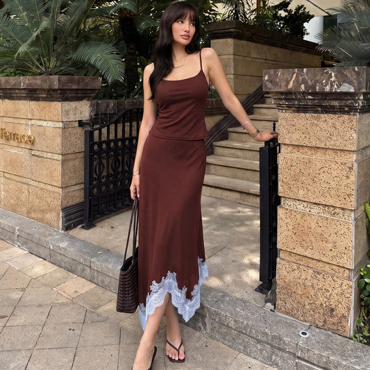 Chocolate Brown Lace Trimmed Skirt Set