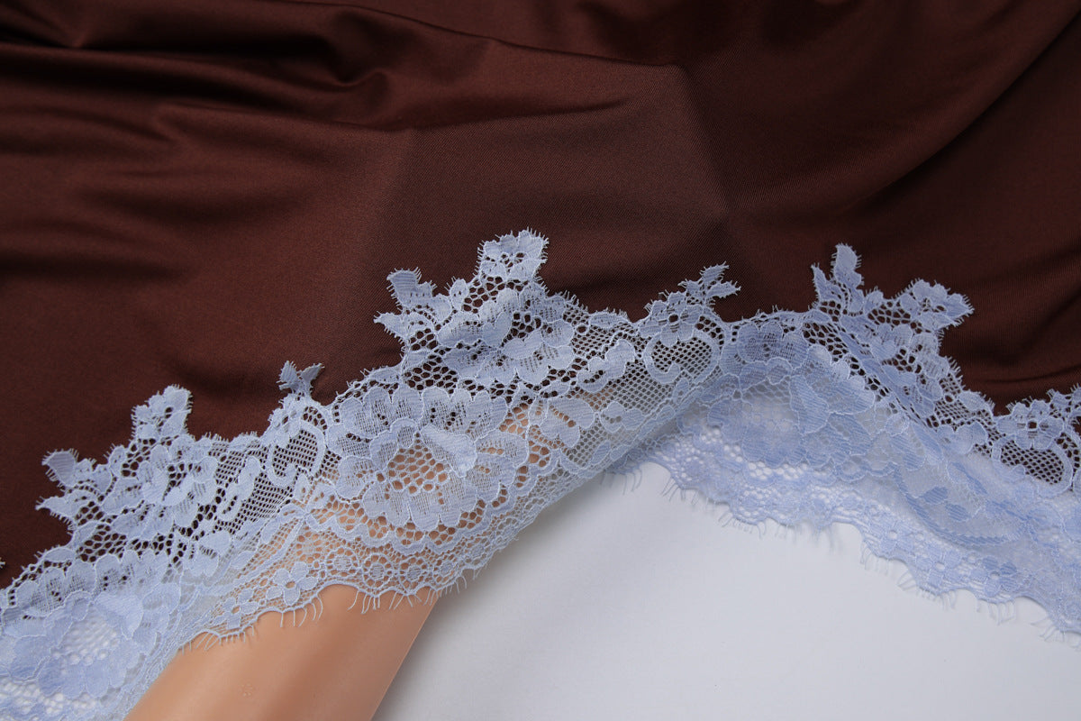 Chocolate Brown Lace Trimmed Skirt Set