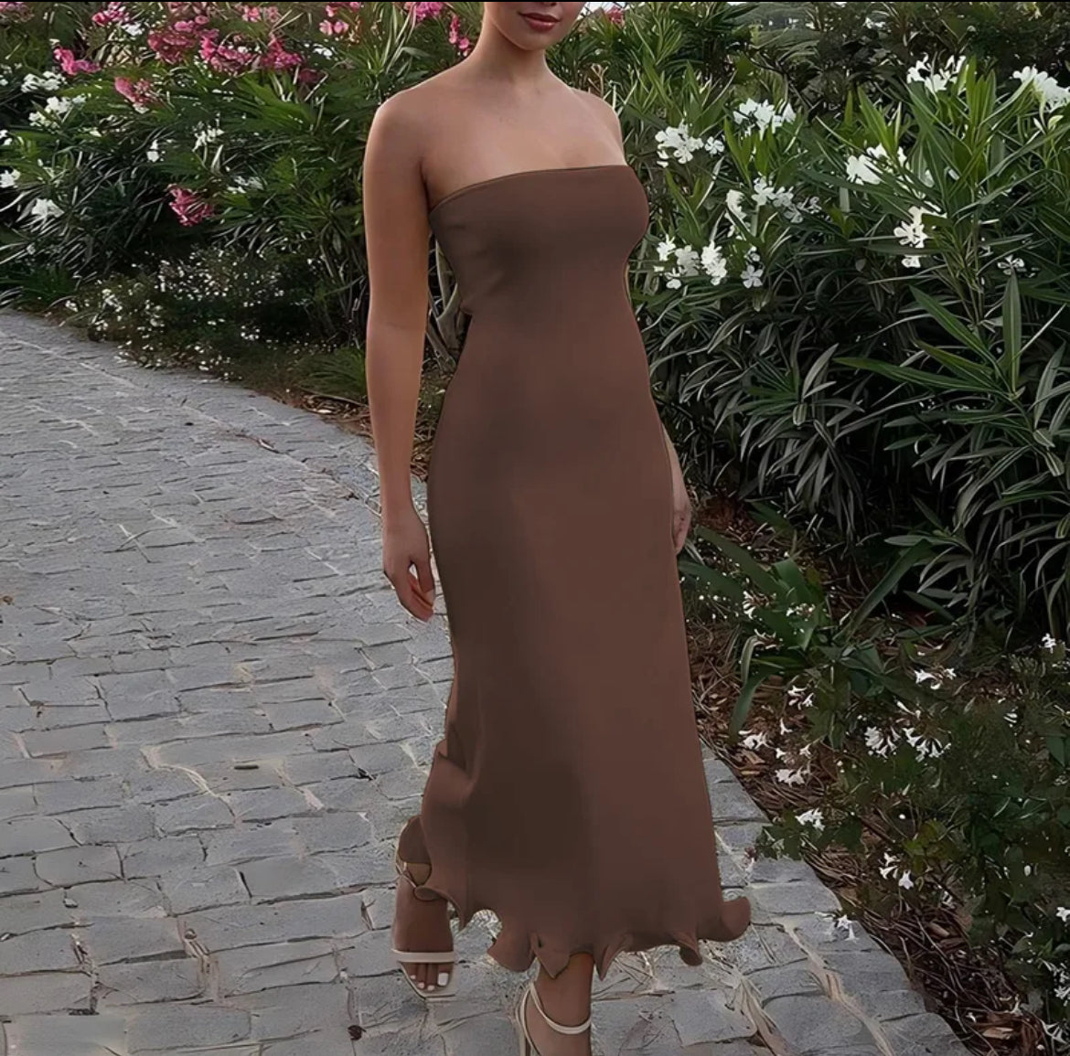 Strapless Lettuce Trim Midi Strap