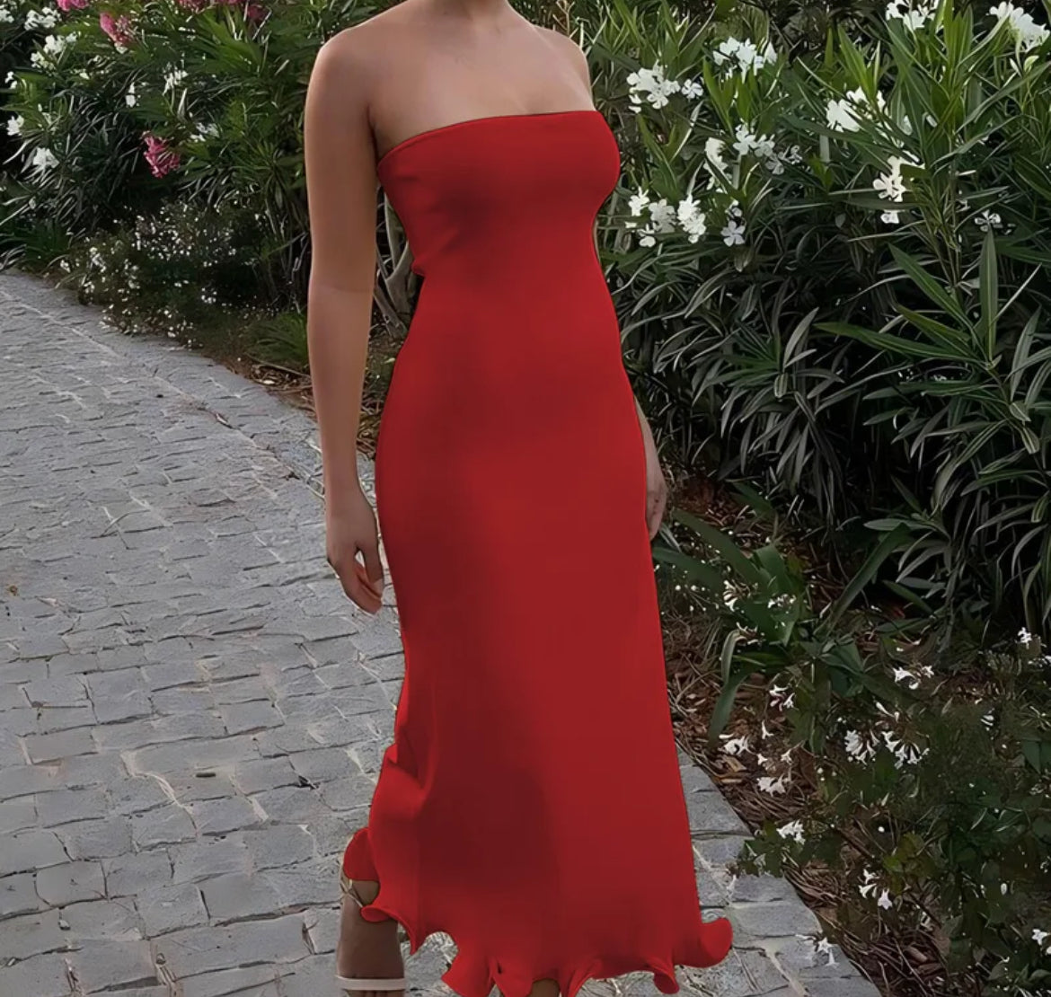 Strapless Lettuce Trim Midi Strap
