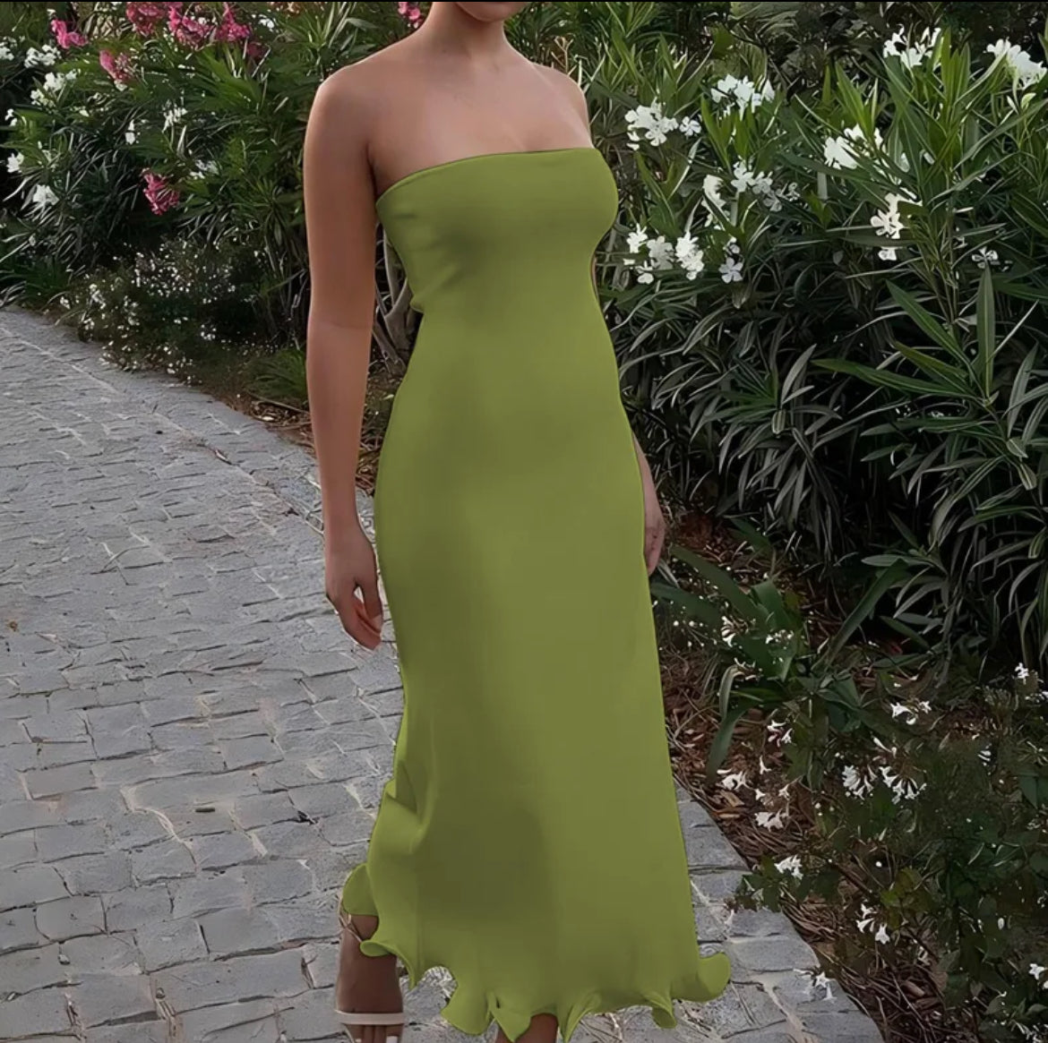 Strapless Lettuce Trim Midi Strap