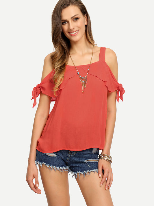 Burnt Sienna Cold Shoulder Tie Cuff Blouse