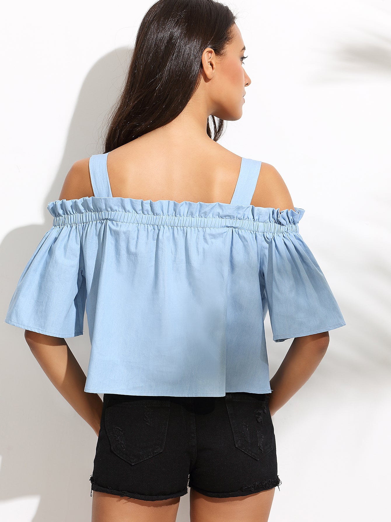 It's A Fine Day Blue Cold Shoulder Crop Top