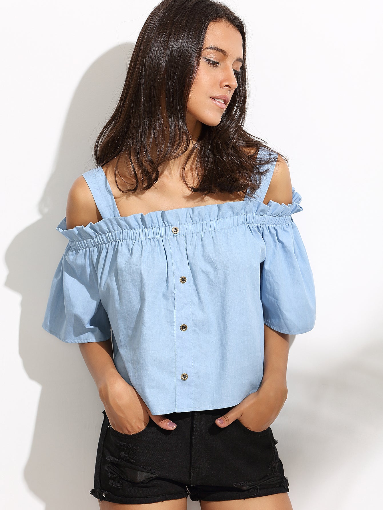 It's A Fine Day Blue Cold Shoulder Crop Top