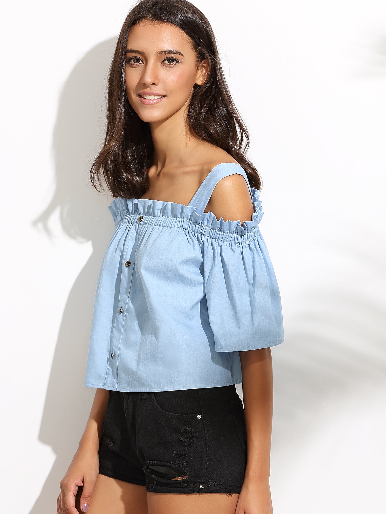 It's A Fine Day Blue Cold Shoulder Crop Top