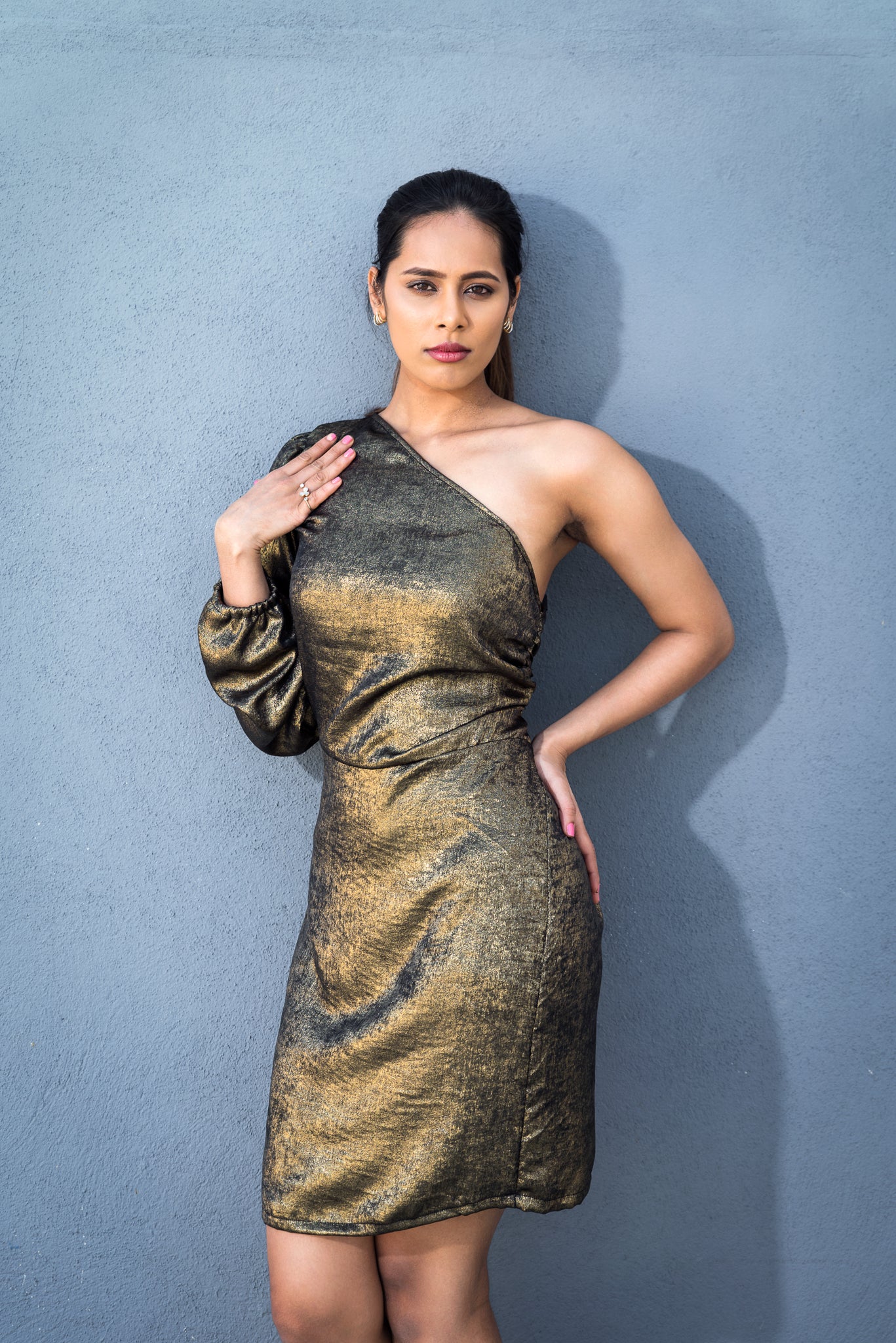 Metallic Gold One Shoulder Cut-Out Dress