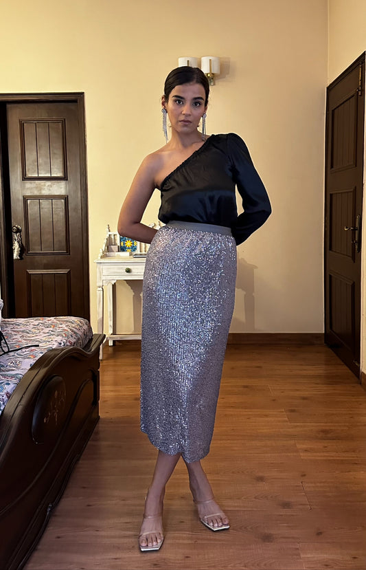 Metallic Grey Sequin Maxi Skirt