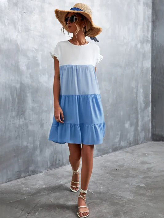 Shades of Blue Cotton Colour Block Summer Dress