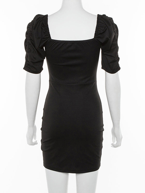 Black Ruched Sleeve Button Down Split Bodycon Dress