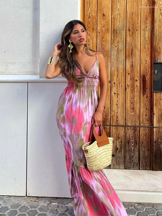 Pink and Green Abstract Print Maxi Dress