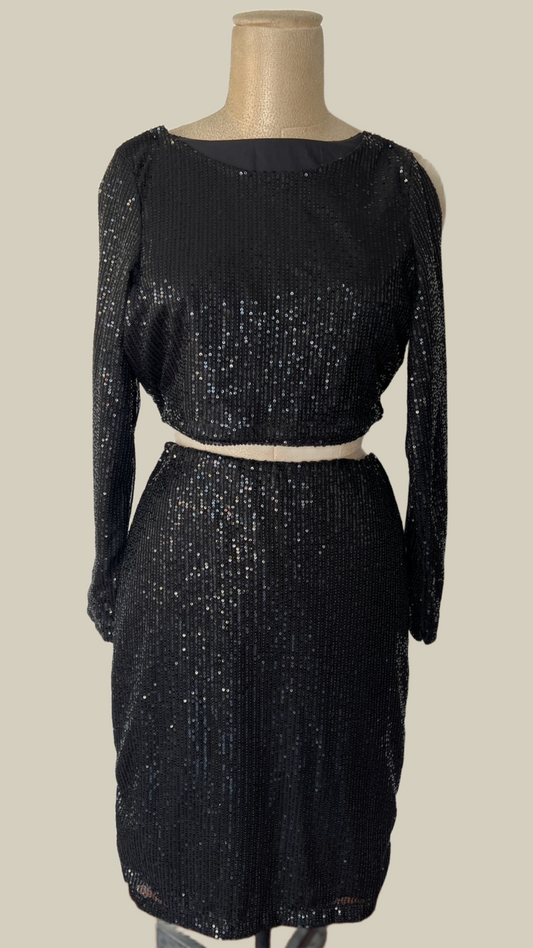 Black Sequin Crop Top and Skirt Set