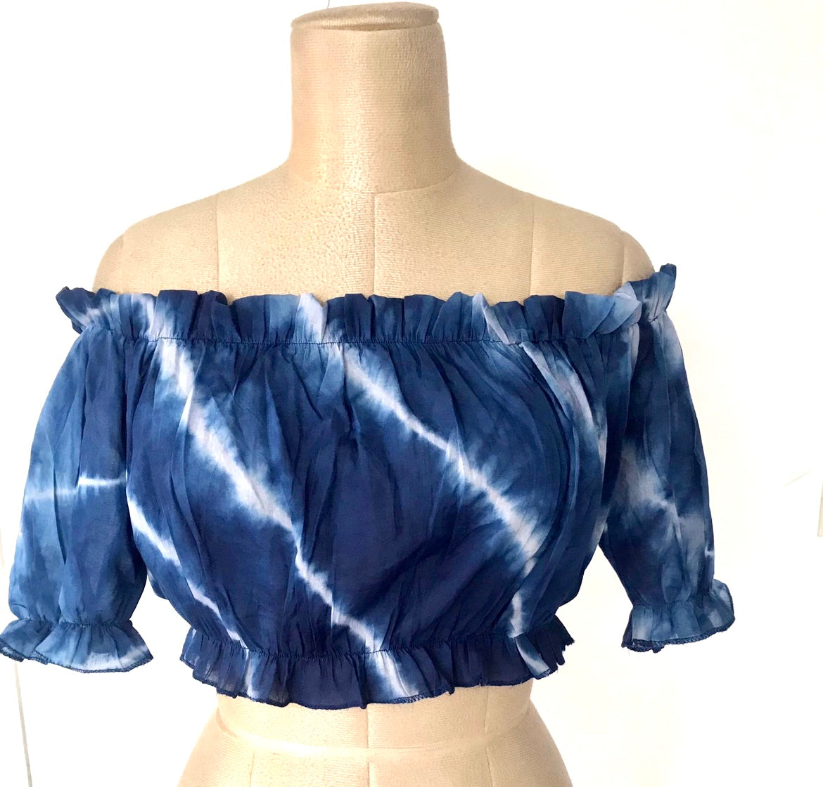 Deep Blue Tie and Dye Off Shoulder Crop Top