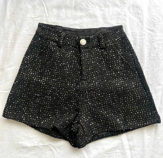 Black Tweed Shorts with Gold Sequin