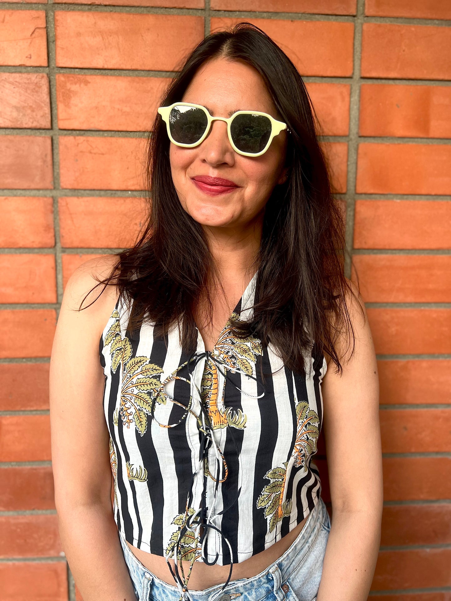 Black and White Striped Cotton Crop Top
