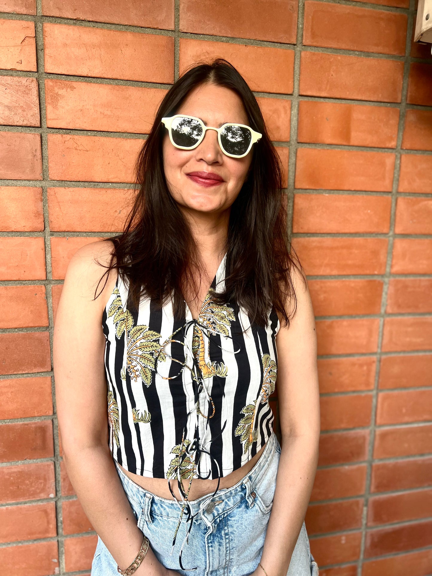 Black and White Striped Cotton Crop Top