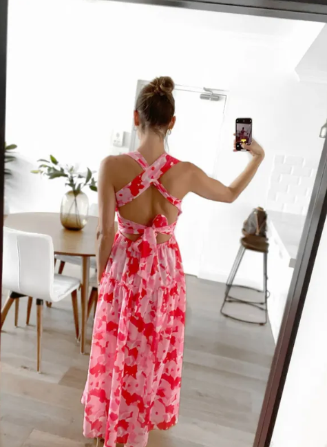 Pink Floral Cross Back Maxi Dress