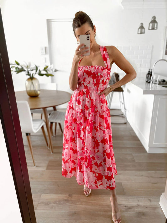 Pink Floral Cross Back Maxi Dress