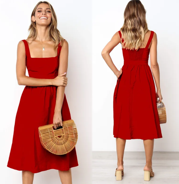 Red Square Neck Midi Dress