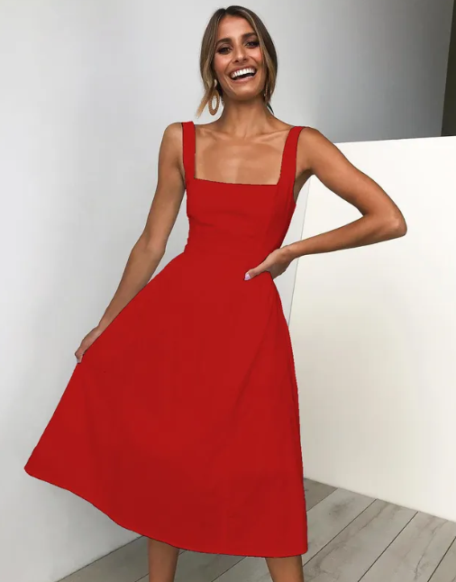 Red Square Neck Midi Dress