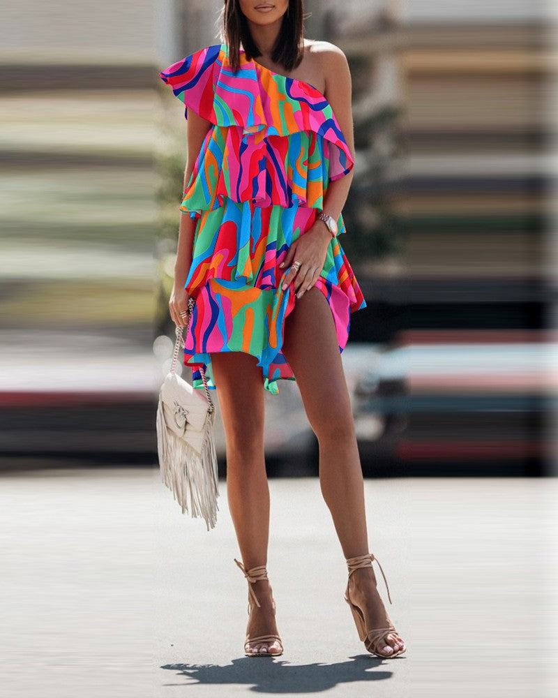 Abstract Print One Shoulder Ruffle Dress