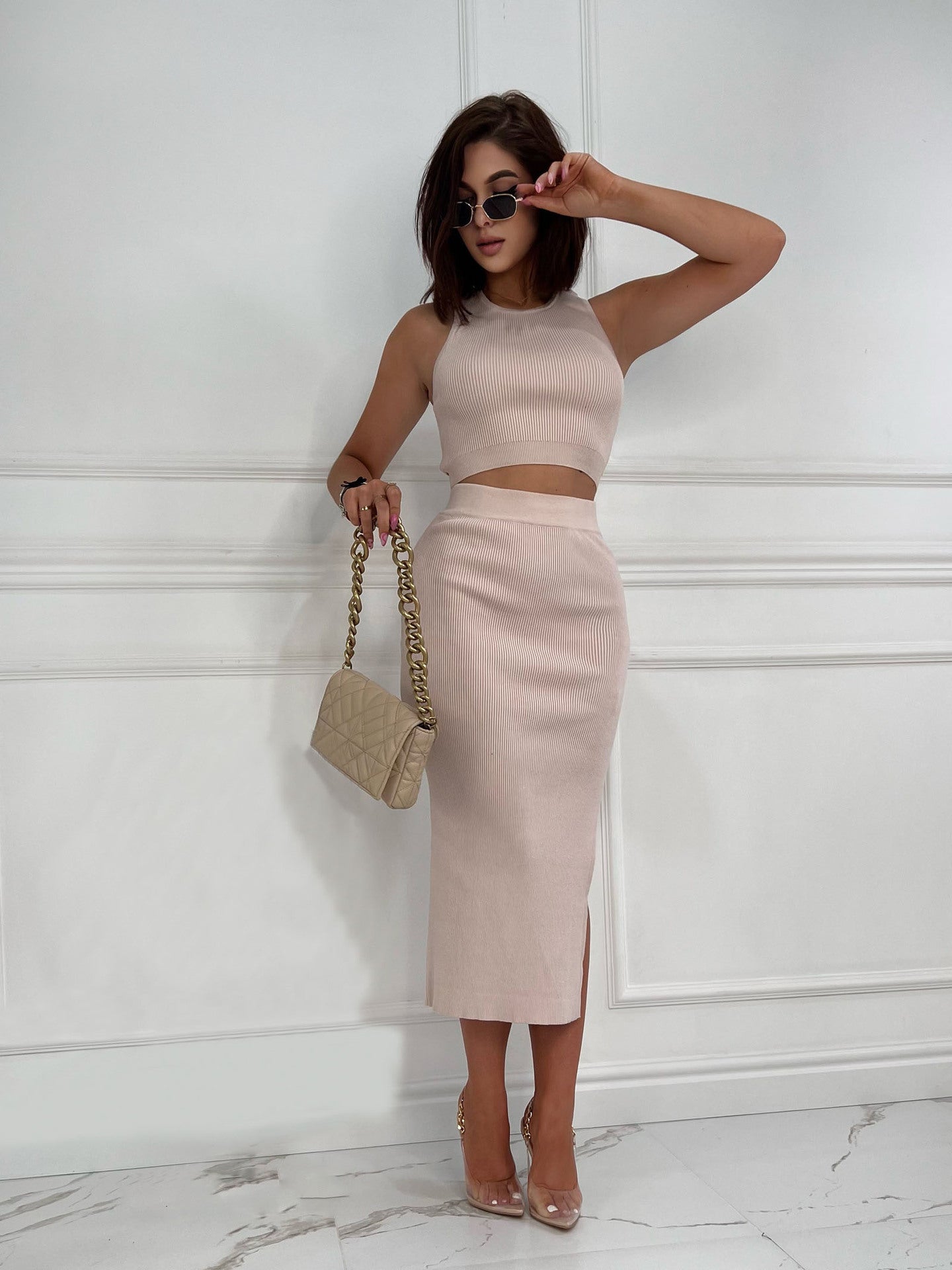 Ribbed Cut-Out Crop Top and Skirt Set