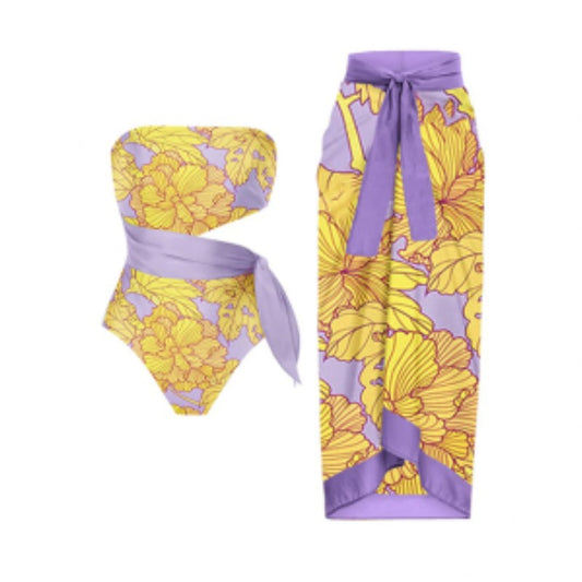 Yellow and Lavender Strapless Printed Swimsuit with Cover-up