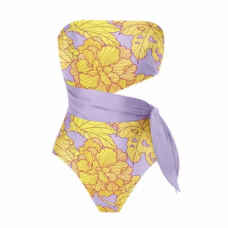 Yellow and Lavender Strapless Printed Swimsuit with Cover-up