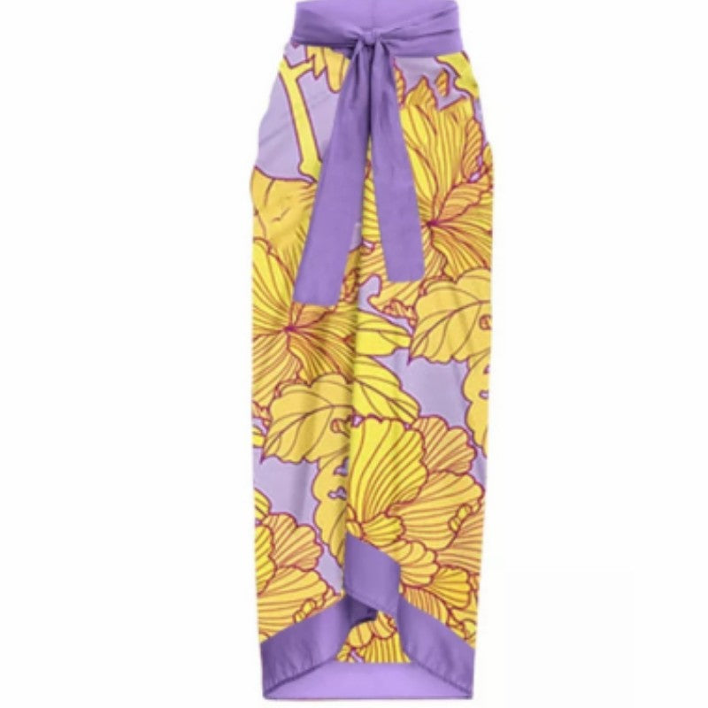 Yellow and Lavender Strapless Printed Swimsuit with Cover-up