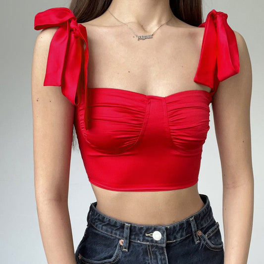 Ruched Bow Strap Crop Top